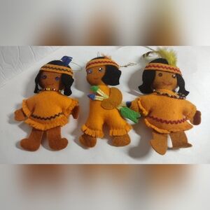 Vintage Needle Felt Ornaments Set Of 3 Indian Girls & Boy 5 1/2" High